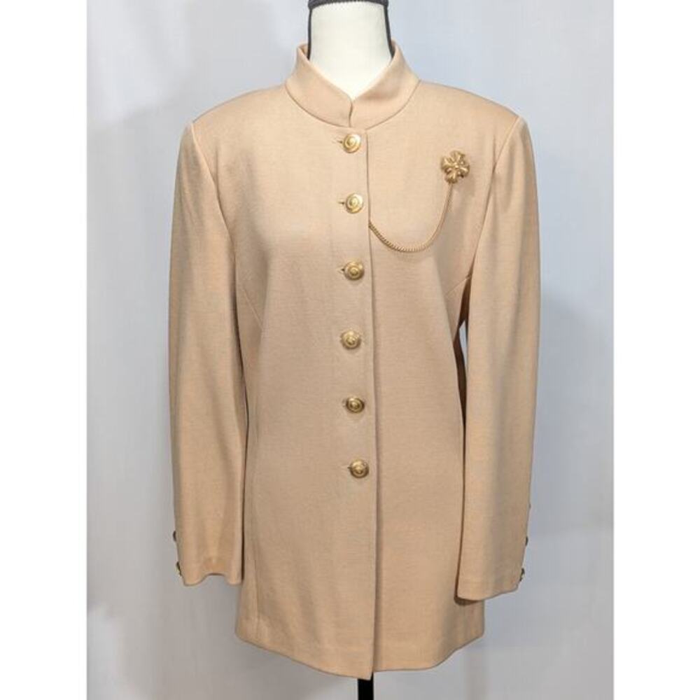 St John‎ Camel Knit Jacket Size 12 Gold Buttons Brooch Made USA
